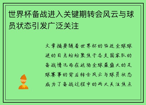 世界杯备战进入关键期转会风云与球员状态引发广泛关注