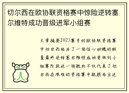 切尔西在欧协联资格赛中惊险逆转塞尔维特成功晋级进军小组赛