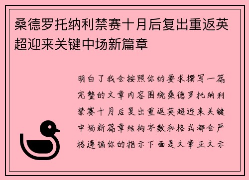 桑德罗托纳利禁赛十月后复出重返英超迎来关键中场新篇章
