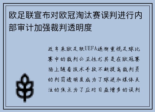 欧足联宣布对欧冠淘汰赛误判进行内部审计加强裁判透明度