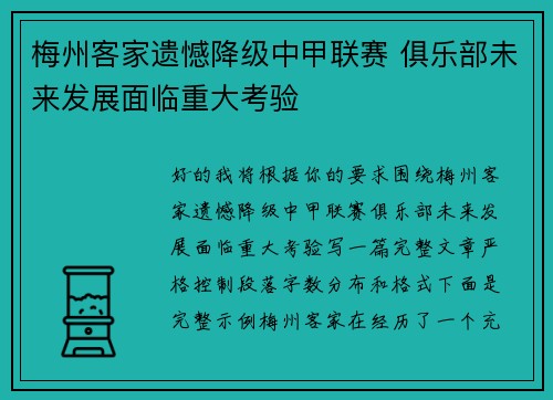 梅州客家遗憾降级中甲联赛 俱乐部未来发展面临重大考验 梅州客家遗憾降级中甲联赛 俱乐部未来发展面临重大考验